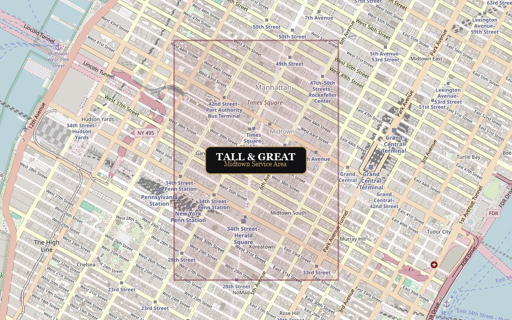 Tall and Great Midtown Manhattan Service Area Map