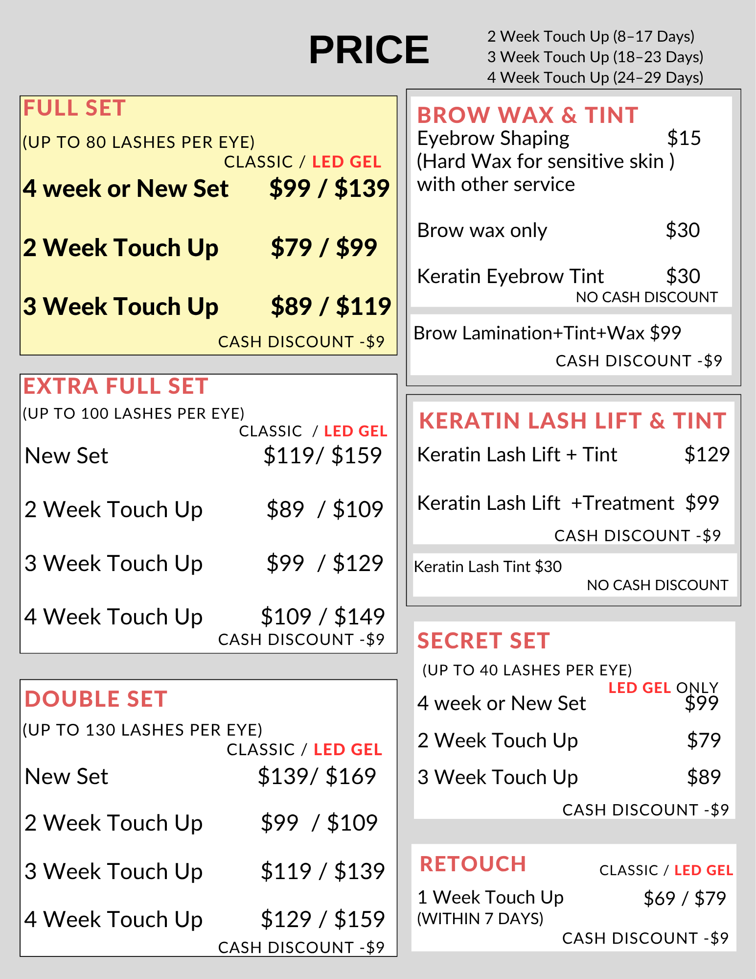 Tall and Great Lash, Brow & Lash Lift Price List