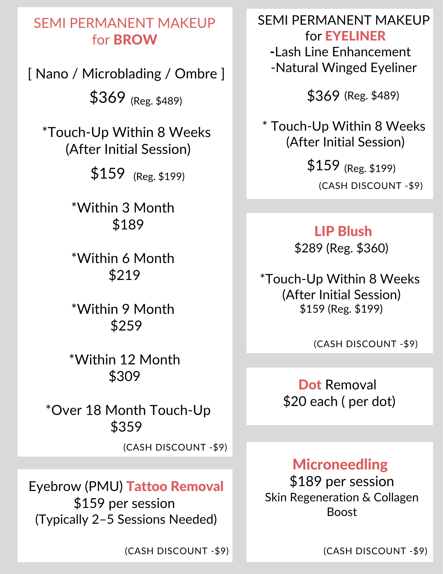Tall and Great PMU & Skin Treatment Price List